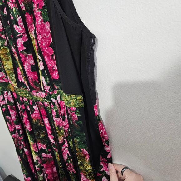 Adrianna Papell Black Striped Floral Pink & Green Fit and Flare Dress. Size 12 - Picture 4 of 9